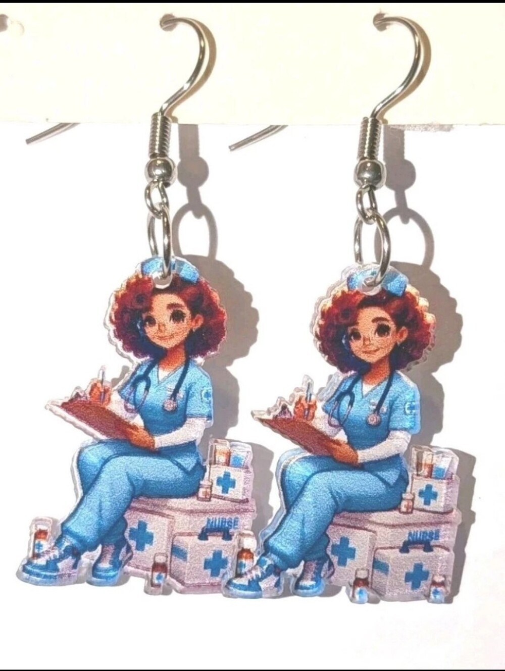 Hand Crafted Nurse Cartoon Acrylic Dangle Earrings - Blue